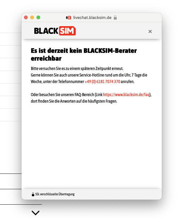 BlackSim Erfahrungen Support Chat